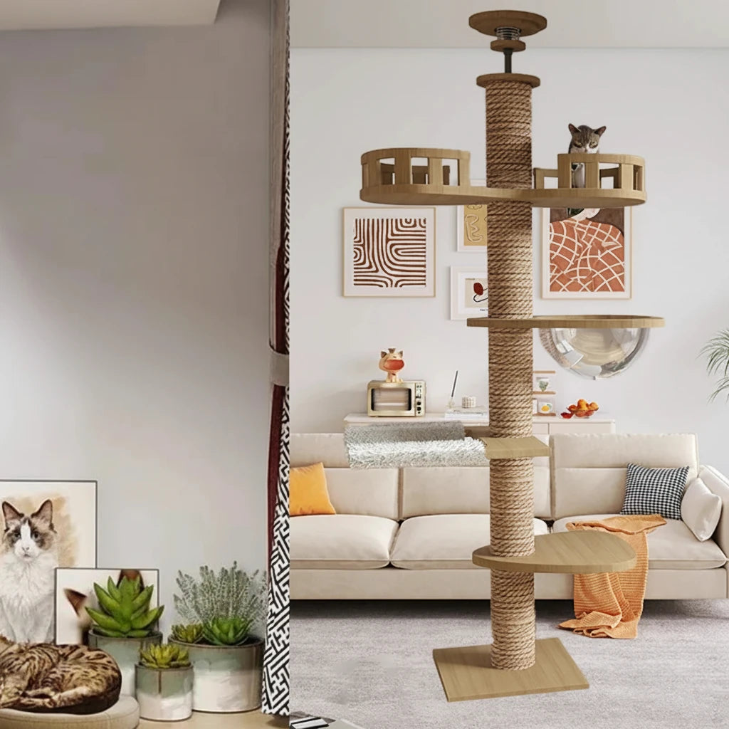 Adjustable Cat Tree House Floor To Ceiling Wooden Large Cat Tree Scratching Post Hammock Cat Pet Products Multi-Level Play Space - Mur&Moi